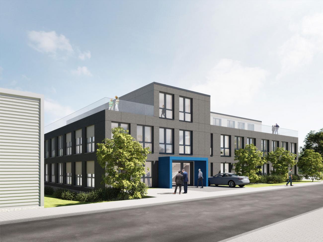 Vorderansicht mit Betonbügel in Unternehmensfarbe. Visualisierung: © Ponnie Images Architekt Bonn Neubau Büro und Gewerbe