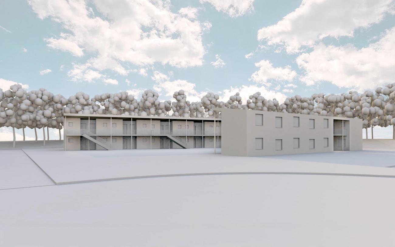 Ansicht mit möglicher Erweiterung. Hier zu sehen hinten links. Ansicht Neubau Obdachlosenunterkunft Sankt Augustin