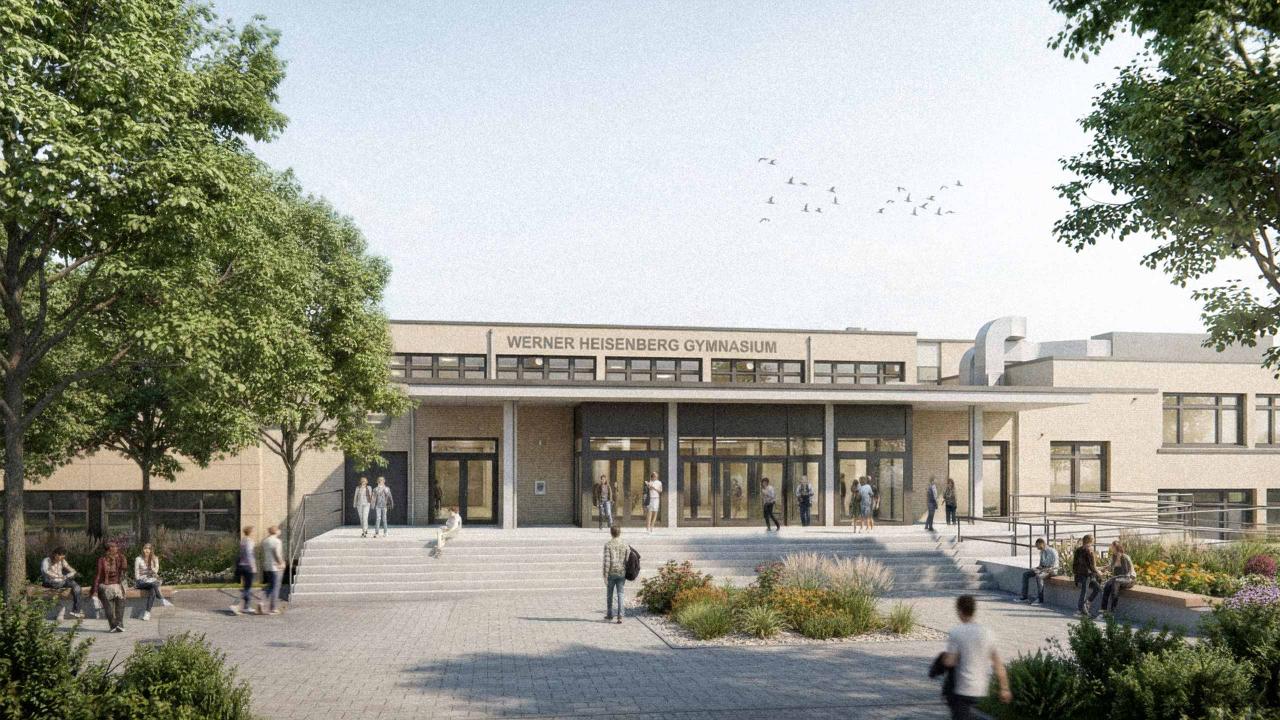 Frontansicht Visualisierung: Sanierung und Erweiterung Werner-Heisenberg-Gymnasium Schule Leverkusen