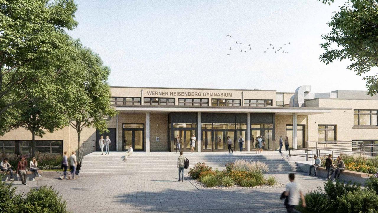 Frontansicht Visualisierung: Sanierung und Erweiterung Werner-Heisenberg-Gymnasium Schule Leverkusen